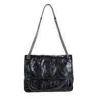 YSL 新款niki縫線斜紋黑字LOGO金屬中款肩揹/斜揹鍊帶包 (黑色)