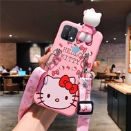 Casing OPPO A15 OPPO A15s, Sarung HP Kartun Hello Kitty Silikon Lembut, Tali Gantungan Panjang Tas Selempang