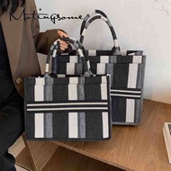 Fashion Women Tote Bag Knitting Shoulder Tote Bags Striped Print High Quality Linen Book Tote Large Shopper Handbag 2021 New