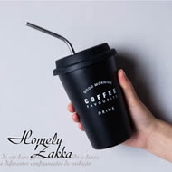 【Homely Zakka】都會簡約矽膠飲用杯蓋304不鏽鋼杯/飲料杯/咖啡隨行杯 (480ml) 黑底COFFEE款