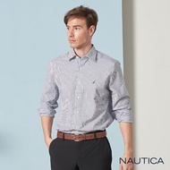 【NAUTICA】撞色小花條紋長袖襯衫(淺藍)