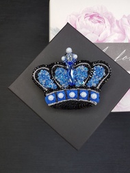 Blue embroidered crown brooch, Beaded Crown Brooch, Royal Crown handmade pin