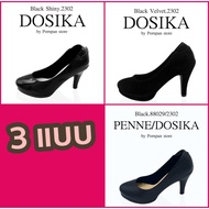 penne/dosika รองเท้าคัชชู ส้นสูง 3.5 นิ้ว สีดำ หนังเรียบ/หนังแก้ว/กำมะหยี่ เสริมหน้า คัชชูนักศึกษา คัชชูทำงาน