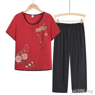 women clothes blouse-Middle-aged and elderly women s T-shirt, summer mother s outfit, western style two-piece suit, grandmother s 60-70-year-old grandma s top and pants