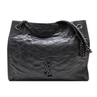 YSL Niki 牛皮山型紋霧銀雙鏈肩背包 (577999-水泥灰)
