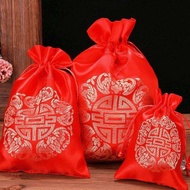 พร้อมส่ง กระเป๋าผ้าหูรูด ลายอักษรจีนฮก ถุงใส่ส้ม ถุงใส่ของชำร่วย งานแต่ง(มีหลายขนาด)