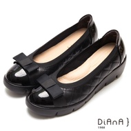 DIANA 漆皮拼接菱格紋牛皮蝴蝶結圓頭厚底鞋-焦糖美人-黑