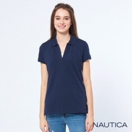 Nautica女裝素面V領修身短袖POLO衫-深藍