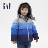 【GAP】男幼童 彩色條紋絎縫式連帽羽絨外套(593086-藍色拼接)