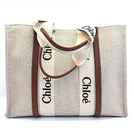 Chloe 帆布包/肩背包/托特包 (大款 x 咖啡皮革) CABAS WOODY TOTE