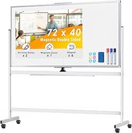 72 x 40 Double Sided Rolling Whiteboard, Mobile Whiteboard Magnetic White Board - Large Reversible Dry Erase Board Easel Standing Board on Wheels with Silver Aluminum Frame and Stand