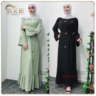Muslimah Women Bead Diamond Moden Aleena Eyelashes Jubah Roman Crepe Dress Lady Girl Mint Green/Black Long Sleeve Pleated Trendy Jubah Baju Kurung Moden Maxi Dress