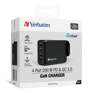 Verbatim 4 端口 200W PD 3.0 &amp; QC 3.0 GaN 充電器（接地英國插頭）