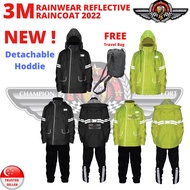 3M 2022 Scotchlite Motorcycle Raincoat with Detachable  Hoddie (Reflective Material)+Trousers (Waterproof) Free Bag