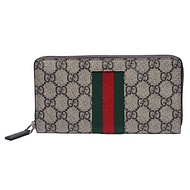 GUCCI 經典GG Supreme系列GG印花綠紅綠織帶拉鍊長夾(棕)