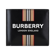 BURBERRY白字LOGO滑面帆布條紋設計8卡對折短夾(黑)