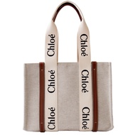 Chloe 帆布肩背包/托特包 (中款 x 棕色皮革) CABAS WOODY TOTE