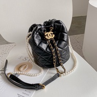Mini Bag Drawstring Sling Bag with Pearls (LEATHER) (Phone Pouch Bag) (Mini Bag)