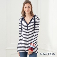 Nautica 女裝V型領口長版條紋連帽T恤-藍白條紋