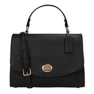 COACH 素面皮革翻蓋底珠轉扣手提/斜背兩用包(黑)