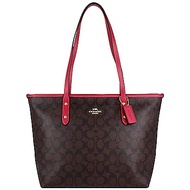 COACH 咖啡色LOGO防水材質桃紅色皮飾邊拉鍊托特包