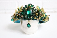 Emerald gold crystals crown Beaded tiara Green royal diadem Bridal crown