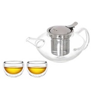 【英國WILMAX】耐熱玻璃不鏽鋼濾網花茶壺1050ML附雙層耐熱茶杯250ML2入