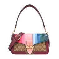 COACH 圓框馬車LOGO緹花彩虹糖果直縫手提/斜背兩用酒神包(卡其/彩虹)