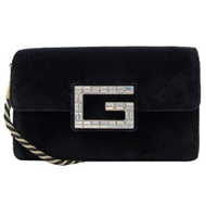 GUCCI 大G水鑽LOGO翻蓋絨布翻蓋斜背包(黑)