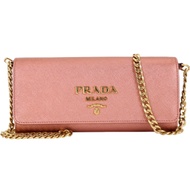 PRADA Saffiano woc金屬色防刮牛皮鍊帶長夾/肩背包(香檳粉)