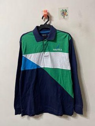 NAUTICA 刺繡logo USA 多色拼接長袖棉polo衫