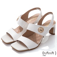 DIANA 6.7cm質感羊皮方頭寬板金屬釦魔鬼氈露趾高跟涼鞋-白