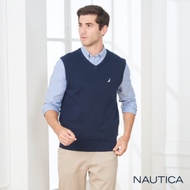 Nautica經典素色V領針織背心-深藍