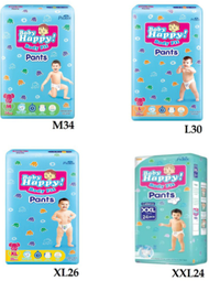 PAMPERS BABY HAPPY PANTS M34, L30, XL26