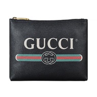 【GUCCI 古馳】GUCCI 經典綠紅綠印花LOGO荔枝紋牛皮手拿化妝包(黑)