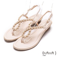 DIANA奢華耀眼水鑽3.5公分經典繫帶圓頭楔型低跟涼鞋-閃耀動人–米