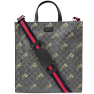 GUCCI 經典雙G老虎印花公文手提/側背包(黑灰色)