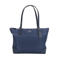 COACH 尼龍緹花C LOGO 金屬馬車拉鍊肩背托特包(牛仔藍)