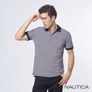 Nautica彈性棉細條紋短袖POLO衫-深藍