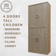 [KCL] 4 Doors Tall Children Wardrobe / Hanging / Filling Cabinet / Divider / Kid Wardrobe / Almari Budak / Warna Kayu / Almari Baju Budak / Almari Pakaian Budak