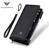 WilliamPOLO Top Brand Men Zipper Wallets Long Clutch Wallet Card Holder Handbag Genuine Leather Business Organizer Phone Purse