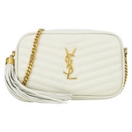 YSL SAINT LAURENT V字縫線魚子醬牛皮金屬LOGO流蘇相機包(金x白)