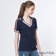 Nautica女裝V領造型短袖POLO衫-深藍
