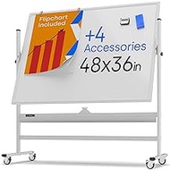 Rolling Magnetic Whiteboard 48 x 36 - Large Portable Dry Erase Board with Stand - Double Sided Easel Style Whiteboard with Wheels - Mobile Standing Whiteboard for Office, Classroom &amp; Home