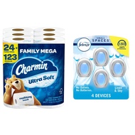 Charmin Ultra Soft Cushiony Touch Toilet Paper, 24 Family Mega Rolls = 123 Regular Rolls and Febreze Small Spaces, Plug in Air Freshener, Linen &amp; Sky, Odor Eliminator for Strong Odor (4 Count)