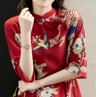 Cny Gaya Tradisional Cina Gaya Baju Chiffon Blaus Longgar Cheongsam Vintaj Puncak Wanita Merah Kren Baju Bunga