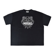 KENZO白字LOGO虎頭刺繡設計棉質女款寬鬆短袖T恤(黑x灰)