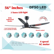 Deka Remote Control Ceiling Fan with LED Light (3 Tones) DF50 LED (Black) 56 inch 5 Blades A.B.S Polymer Design (4 Speed) - Deka Ceiling Fan