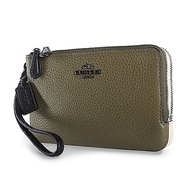 COACH 馬車LOGO 素面荔枝紋撞色皮革L型雙層拉鍊手拿包-墨綠/白色