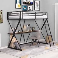 Twin Loft Bed with Desk  Loft Bed with Ladder and Full-Length Guardrails  X-Shaped Frame  Black